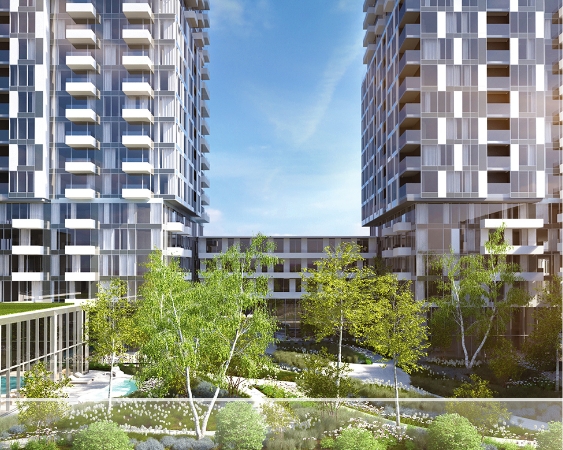 The two residential towers of a condo project under construction in Montreal