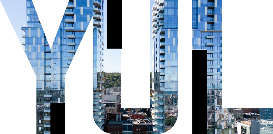 Logo du projet de condos YUL Centre-ville montrant le centre-ville de Montréal en arrière-plan