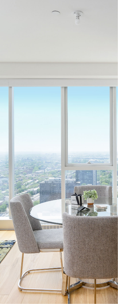 Interior view of the living room of a luxury condo in Ville-Marie